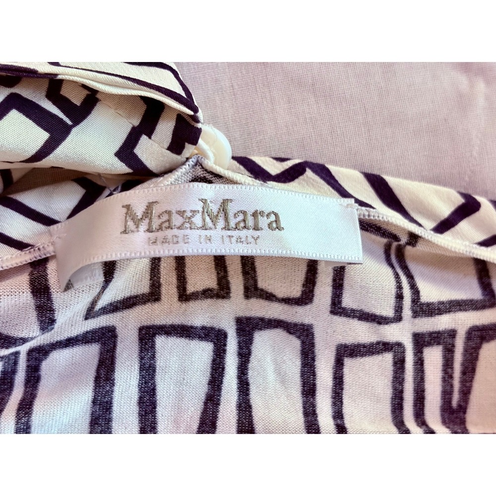 Max Mara Silk Tie-Neck Blouse Sleeveless Bow Black White Geometric Print - Picture 2 of 9